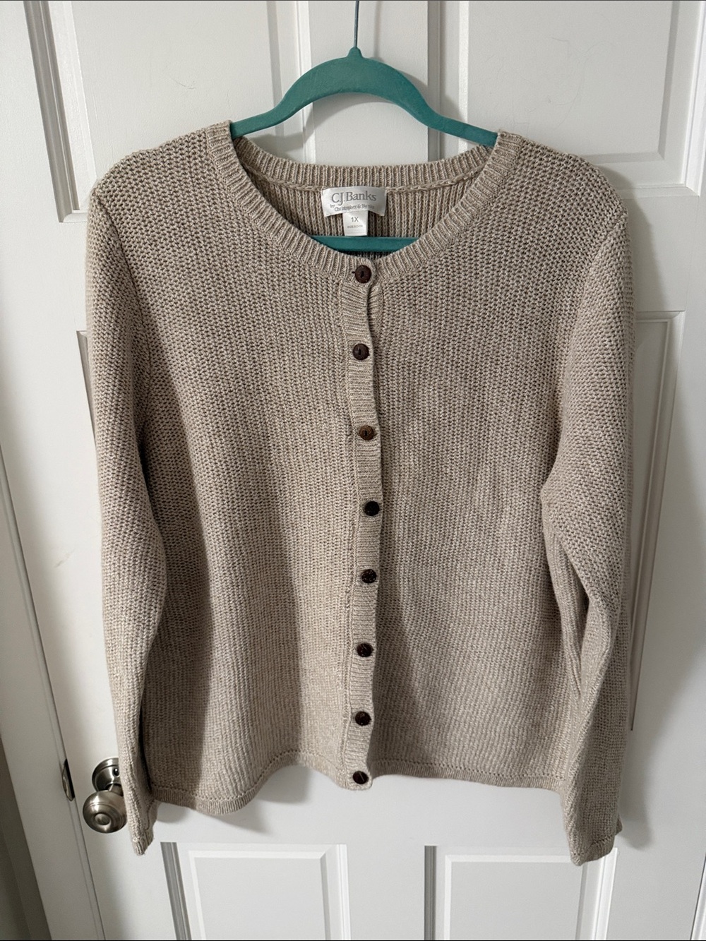 CJ Banks Oatmeal Heather Knit Cotton/Ramie Button-Front Cardigan Sweater Size 1X